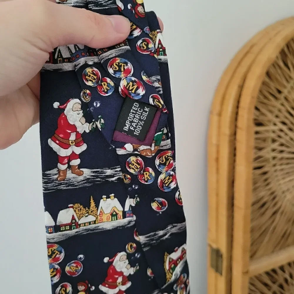 100% Silk Christmas Tie Santa Claus Navy Blue Red White Green